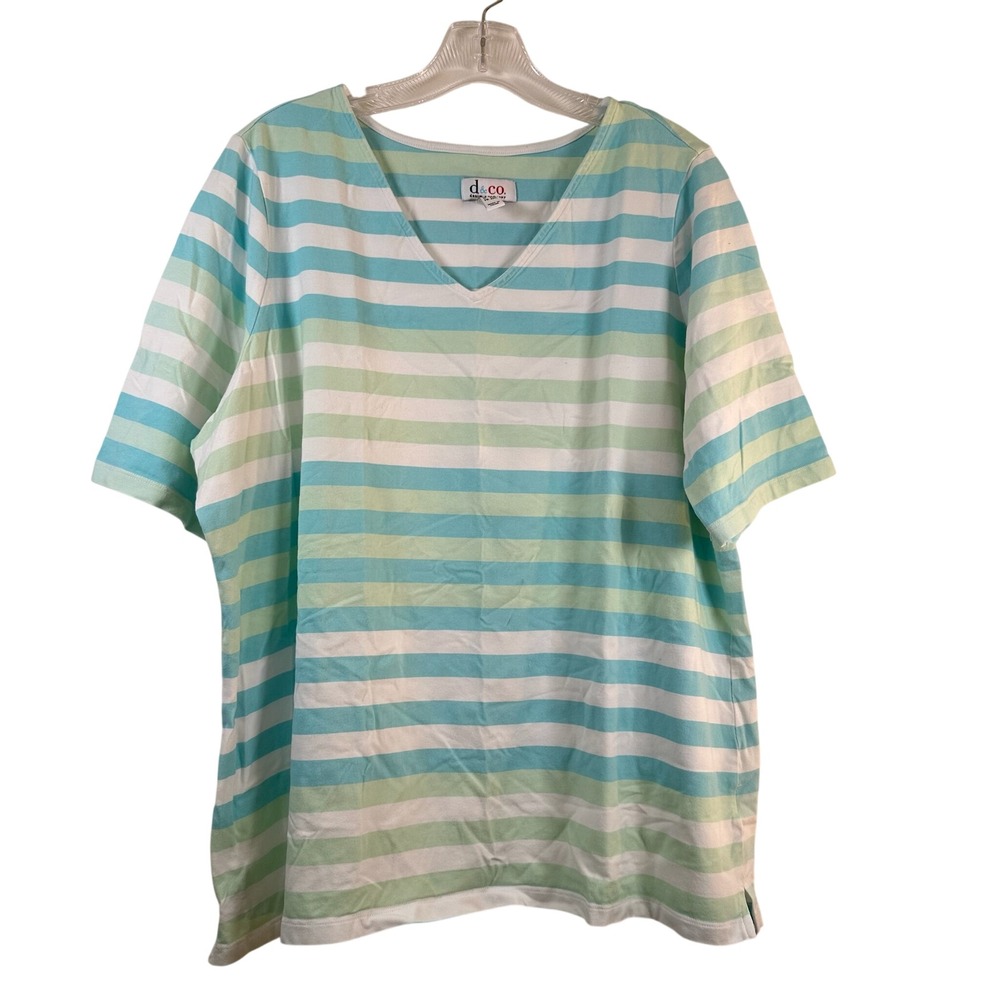 Denim & Co Striped V-Neck Short Sleeve Top Plus 1X Blue Green White Tee